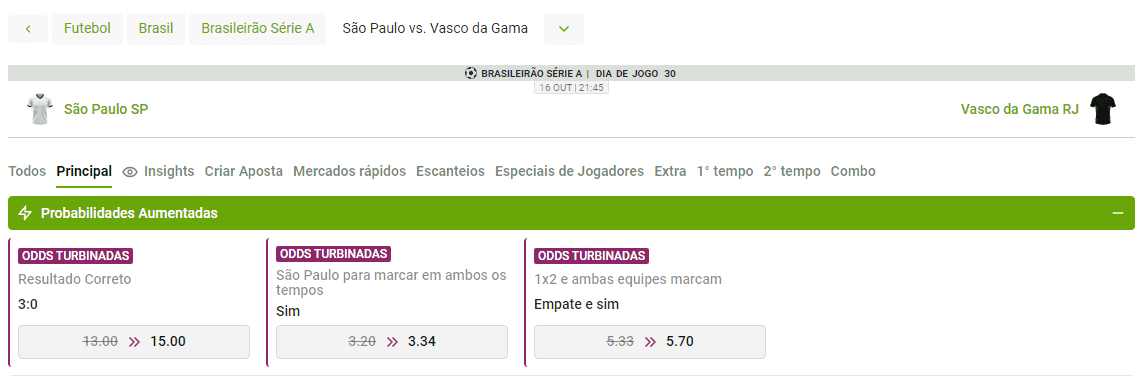 Reprodução da tela de lottoland exemplificando as ODDS do jogo de futebol entre São Paulo e Vasco da Gama.